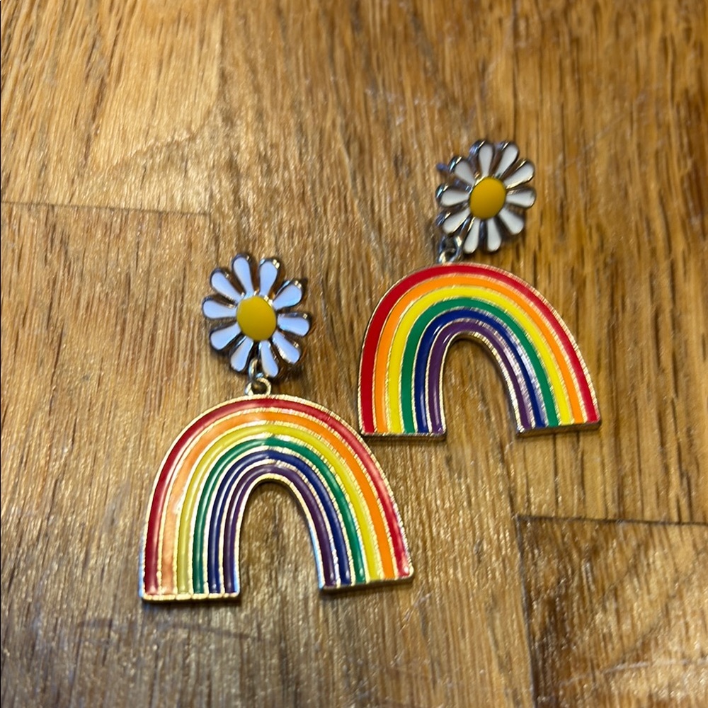Rainbow and Daisy Dangle Post Enamel Earrings